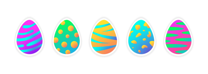 Set of shiny Easter eggs or dinosaur eggs with shadow with holographic effect. Elements for Easter design, greeting card, stickers. Vector stock illustration. 