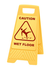 Yellow warning sign caution wet floor sign with falling man icon flat vector illustration isolated on white background