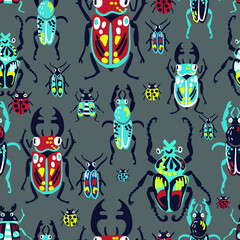 Hand drawn cool seamless pattern with bright bugs. Boys background for textile, kids wear, prints and more