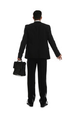 Businessman with suitcase on white background, back view