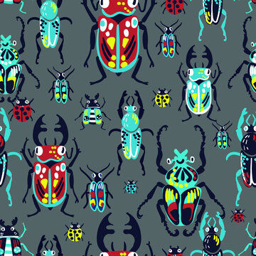 Hand drawn cool seamless pattern with bright bugs. Boys background for textile, kids wear, prints and more © SokolArtStudio