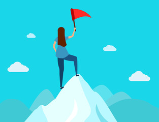 Leader holding a flag on mountain peak, Business concept of victory and success. Beautiful mountain landscape above the clouds. Vector illustration, flat style.