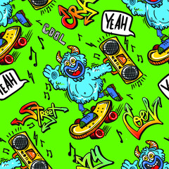 Seamless hand drawn pattern with monster on skateboard. Bright grunge print for prints, clothes, t shirt, child or wrapping  paper. Creative kids original design 