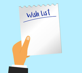 Piece of paper with wish list on blue background. Template Wish list for business. Man hand in suit holds piece of paper. Vector illustration in flat style.