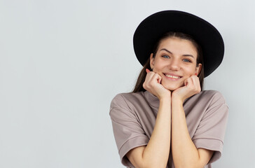 Gorgeous aesthetic smiling woman with natural makeup isolated on white background