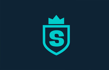 S blue shield alphabet icon logo for company with letter. Creative design for corporate and business with king crown