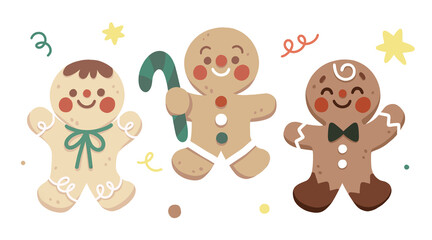 Cute raster characters of gingerbread cookies. Gingerbread men with candie sticks and stars on the white background for Christmas.
