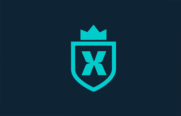 X blue shield alphabet icon logo for company with letter. Creative design for corporate and business with king crown