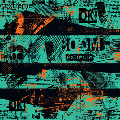 Abstract bright graffiti pattern. With bricks, paint drips, words in graffiti style. Graphic urban design for textiles, sportswear, prints.  © SokolArtStudio