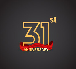 31 anniversary logotype design with line golden color and red ribbon isolated on dark background can be use for celebration, greeting card and special moment event