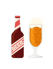 Brown beer bottle with label and glass mug beer alcohol drink vector illustration on white background