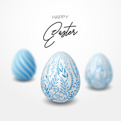 Happy easter template with blue, white rustic floral eggs, dotted background. Vector illustration. Design layout for invitation, card, menu, flyer, banner, poster, voucher. Elegant design