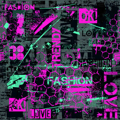 Abstract bright graffiti pattern. With bricks, paint drips, words in graffiti style. Graphic urban design for textiles, sportswear, prints.

