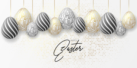 Happy easter template with blue, white rustic floral eggs, dotted background. Vector illustration. Design layout for invitation, card, menu, flyer, banner, poster, voucher. Elegant design