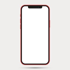 Realistic front view smartphone mockup. Mibile phone red frame with blank white display isolated on background. Vector device.
