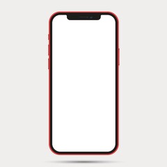 Realistic front view smartphone mockup. Mibile phone red frame with blank white display isolated on background. Vector device.