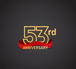 53 anniversary logotype design with line golden color and red ribbon isolated on dark background can be use for celebration, greeting card and special moment event