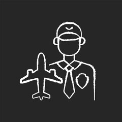 Aviation security chalk white icon on black background. Airport security control system. Civil aviation. Service. Silhouette symbol on white space. Isolated vector chalkboard illustration