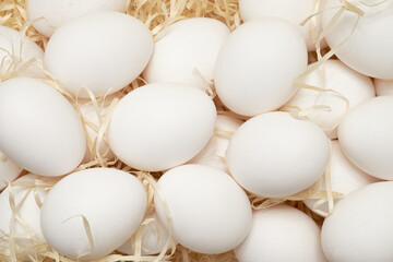 White chicken eggs on wood chips. Easter. Scandinavian style.