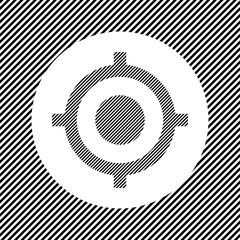 A large crosshair symbol in the center as a hatch of black lines on a white circle. Interlaced effect. Seamless pattern with striped black and white diagonal slanted lines