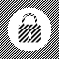 A large padlock symbol in the center as a hatch of black lines on a white circle. Interlaced effect. Seamless pattern with striped black and white diagonal slanted lines