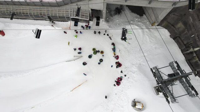 Areal view at Ski lift and tubing at Trubsee over Engelberg on the Swiss alps