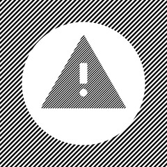 A large warning symbol in the center as a hatch of black lines on a white circle. Interlaced effect. Seamless pattern with striped black and white diagonal slanted lines