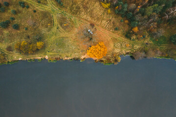 Obraz premium Scenic aerial view of lake on the river with calm water and colorful autumn forest on picturesque shores. Beautiful large oak tree by the river