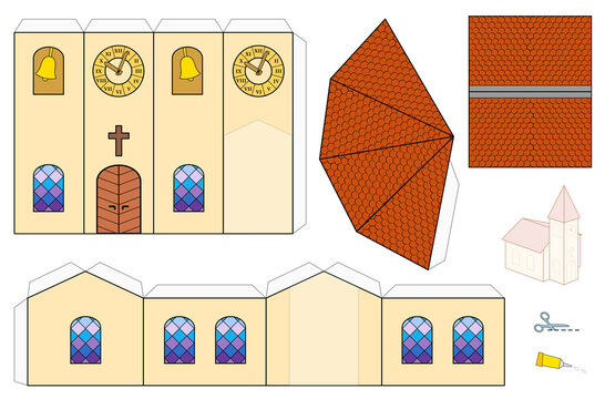 Church template, paper craft model. Cut-out sheet for making a simple 3d scale model church with colorful windows, belfry, tower clock and shingle roofs.
