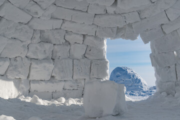 Winter dwelling of Eskimos inside view. Igloo. Eskimos village. - obrazy, fototapety, plakaty