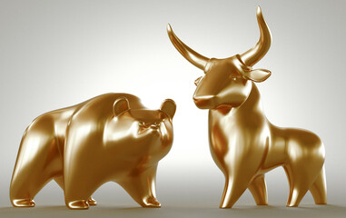 Business concept with bull and bear figurines. Professional 3d rendering