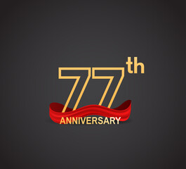 77 anniversary logotype design with line golden color and red ribbon isolated on dark background can be use for celebration, greeting card and special moment event