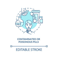 Contaminated or poisonous pills concept icon. Buying drugs. Online pharmacy idea thin line illustration. Unregistered pharmacies threats. Vector isolated outline RGB color drawing. Editable stroke