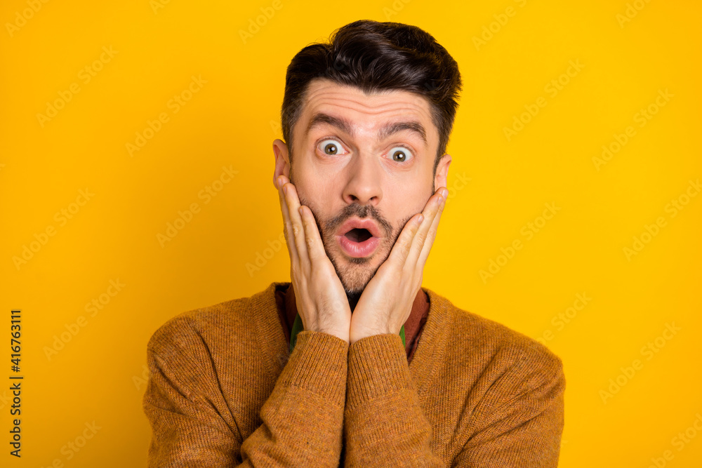 Sticker Photo of impressed person open mouth arms on cheeks staring camera cant believe isolated on yellow color background