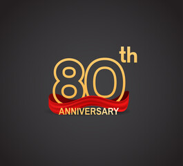 Fototapeta na wymiar 80 anniversary logotype design with line golden color and red ribbon isolated on dark background can be use for celebration, greeting card and special moment event
