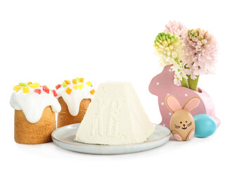 Composition with traditional cottage cheese Easter paskha on white background
