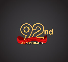 92 anniversary logotype design with line golden color and red ribbon isolated on dark background can be use for celebration, greeting card and special moment event