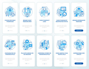 Online pharmacy onboarding mobile app page screen with concepts. Beware cheap medicine spam walkthrough 10 steps graphic instructions. UI vector template with RGB color illustrations