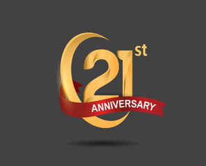 21 anniversary design logotype golden color with ring and red ribbon for celebration, greeting card, invitation and special event