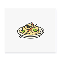 Japchae color icon.Traditional korean stir fried noodles bowl.Asian food with sweet potato, vegetable, beef and soy sauce.Korean cuisine concept.Isolated vector illustration
