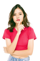 Beautiful young woman standing in full body in casual wear , Mixed race Asian Caucasian girl. Happy face, a confident, beautiful woman isolated on a white background.