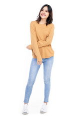 Beautiful young woman standing in full body in casual wear , Mixed race Asian Caucasian girl. Happy face, a confident, beautiful woman isolated on a white background.