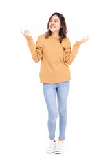 Beautiful young woman standing in full body in casual wear , Mixed race Asian Caucasian girl. Happy face, a confident, beautiful woman isolated on a white background.