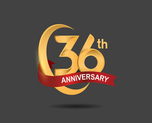 36 anniversary design logotype golden color with ring and red ribbon for celebration, greeting card, invitation and special event