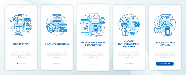 Online medication order steps onboarding mobile app page screen with concepts. Address and telephone number walkthrough 5 steps graphic instructions. UI vector template with RGB color illustrations