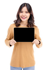 Portrait of Asian woman showing or presenting tablet computer on hand over white background,