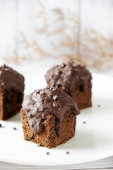 Chocolate Cube pound cake set on cafe table.