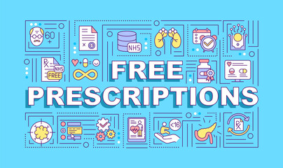 Fototapeta na wymiar Free prescription word concepts banner. Healthcare insurance. Chronic disease. Infographics with linear icons on blue background. Isolated typography. Vector outline RGB color illustration