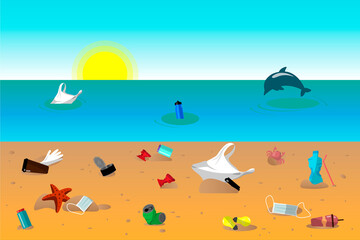 Fototapeta na wymiar Sandy beach, ocean and debris. Pollution of ocean and environment. Stop plastic. Dolphin among trash