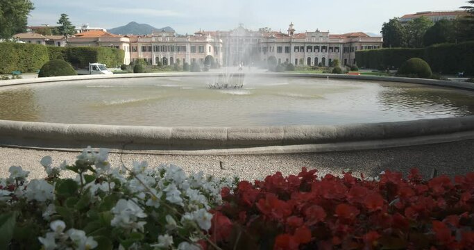 Fountain with water jets in the Estense Park in VareseRainbow in a tub of water. A tub of water in an Italian garden in Varese. 
